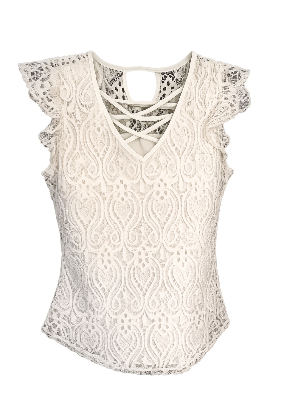 No Boundaries White Lace Flutter Sleeve V-Neck Camisole with Crisscross Back